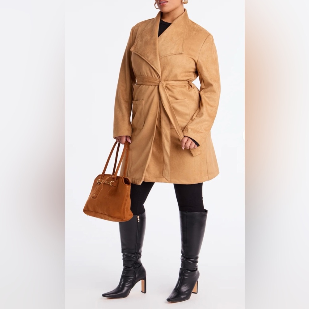 Tan Faux Suede Collar Belted Front Pocket Trench Coat - Picture 10 of 11